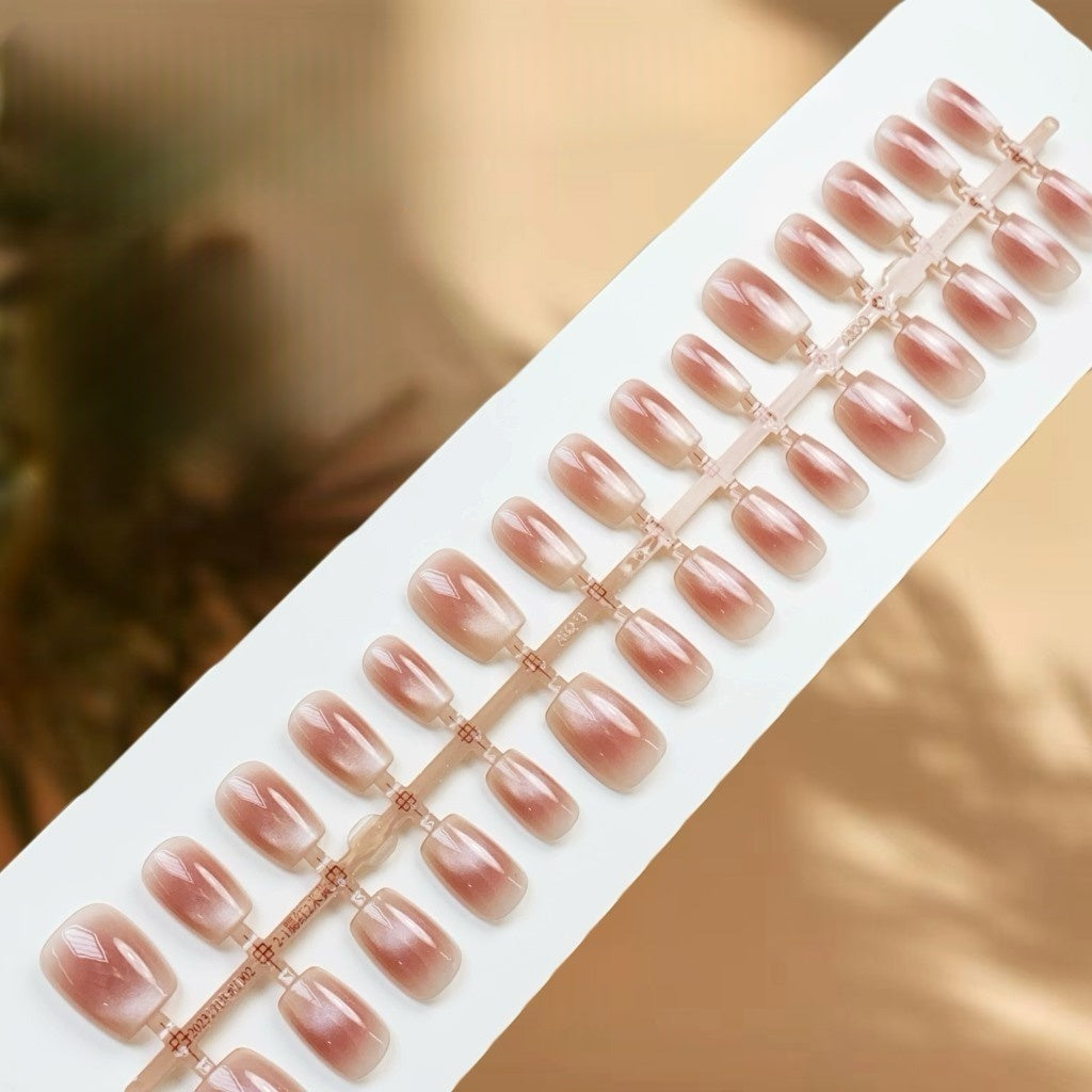 Press On Nail Tips - 1014 (Short Coffin Blush Glass Bead Cat Eye Rosy Nude)