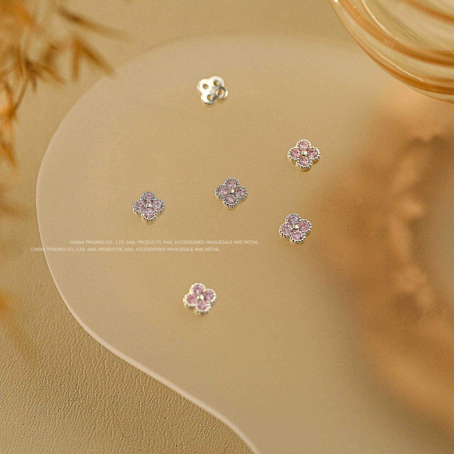 Small Pink & Silver Four-Leaf Clover Nail Charms 2pcs