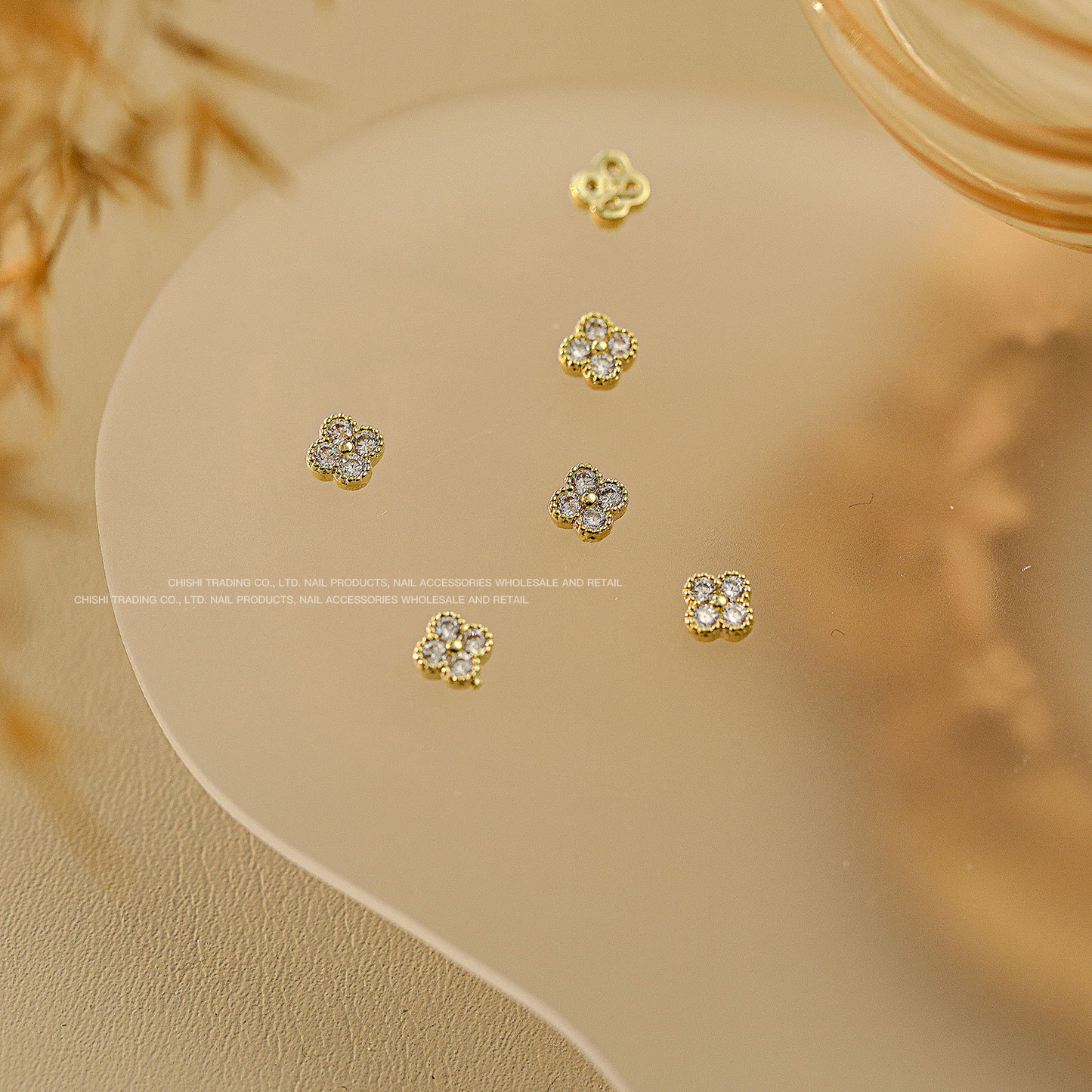 Small White & Gold Four-Leaf Clover Nail Charms 2pcs