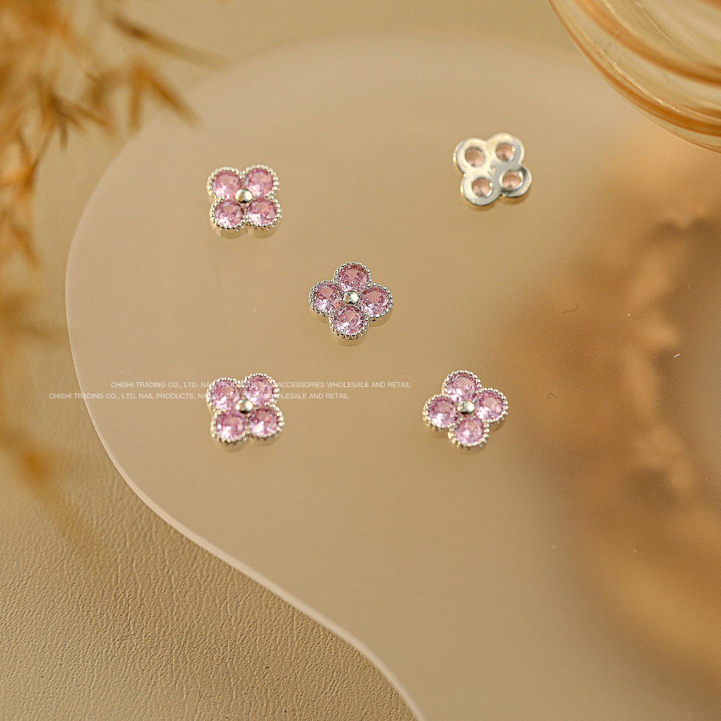 Medium Pink & Silver Four-Leaf Clover Nail Charms 2pcs