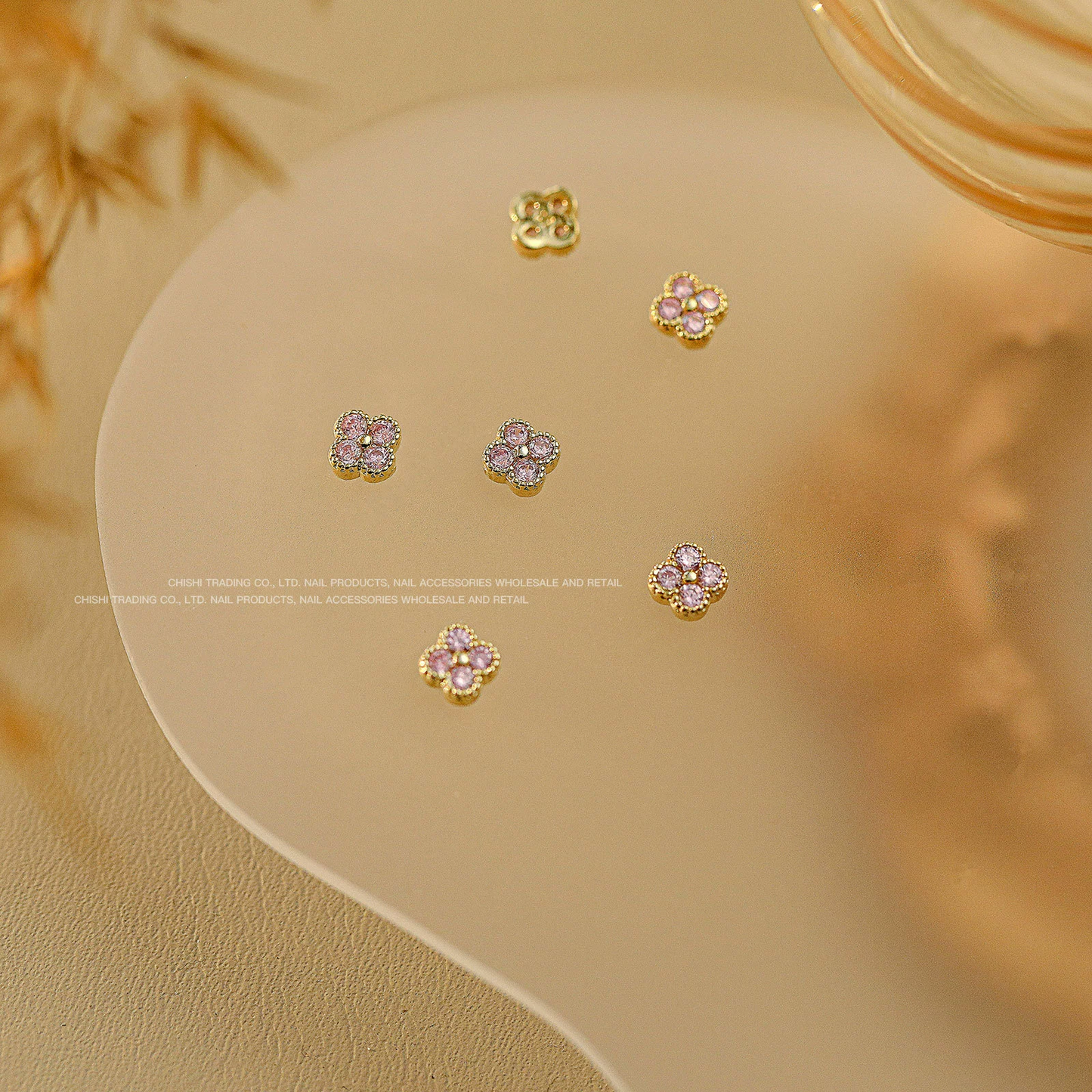 Small Pink & Gold Four-Leaf Clover Nail Charms 2pcs