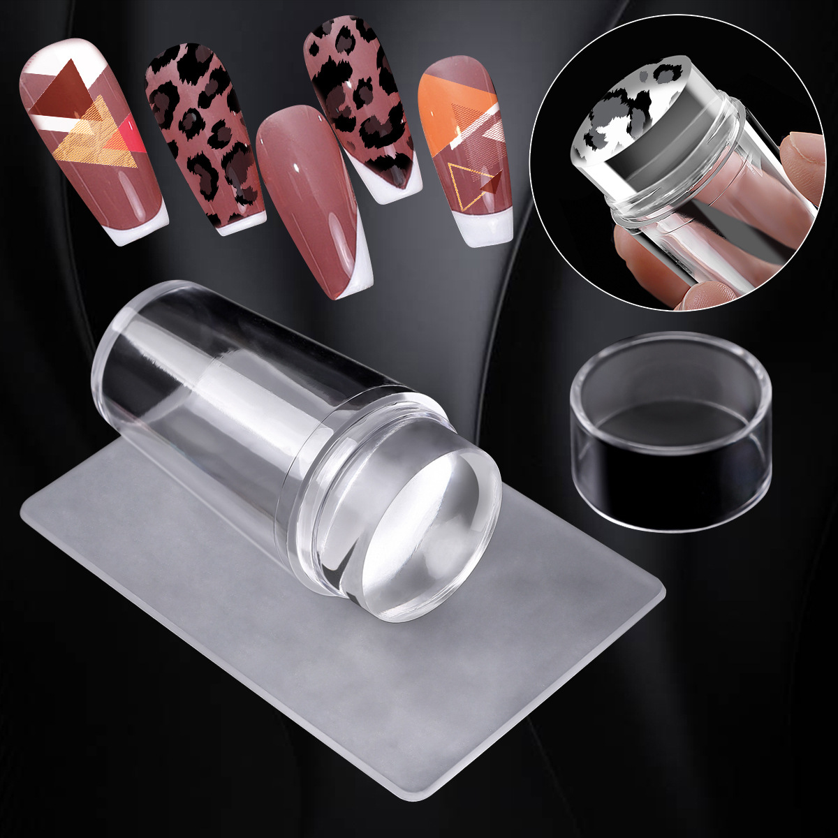Tampon en silicone transparent pour nail art avec grattoir