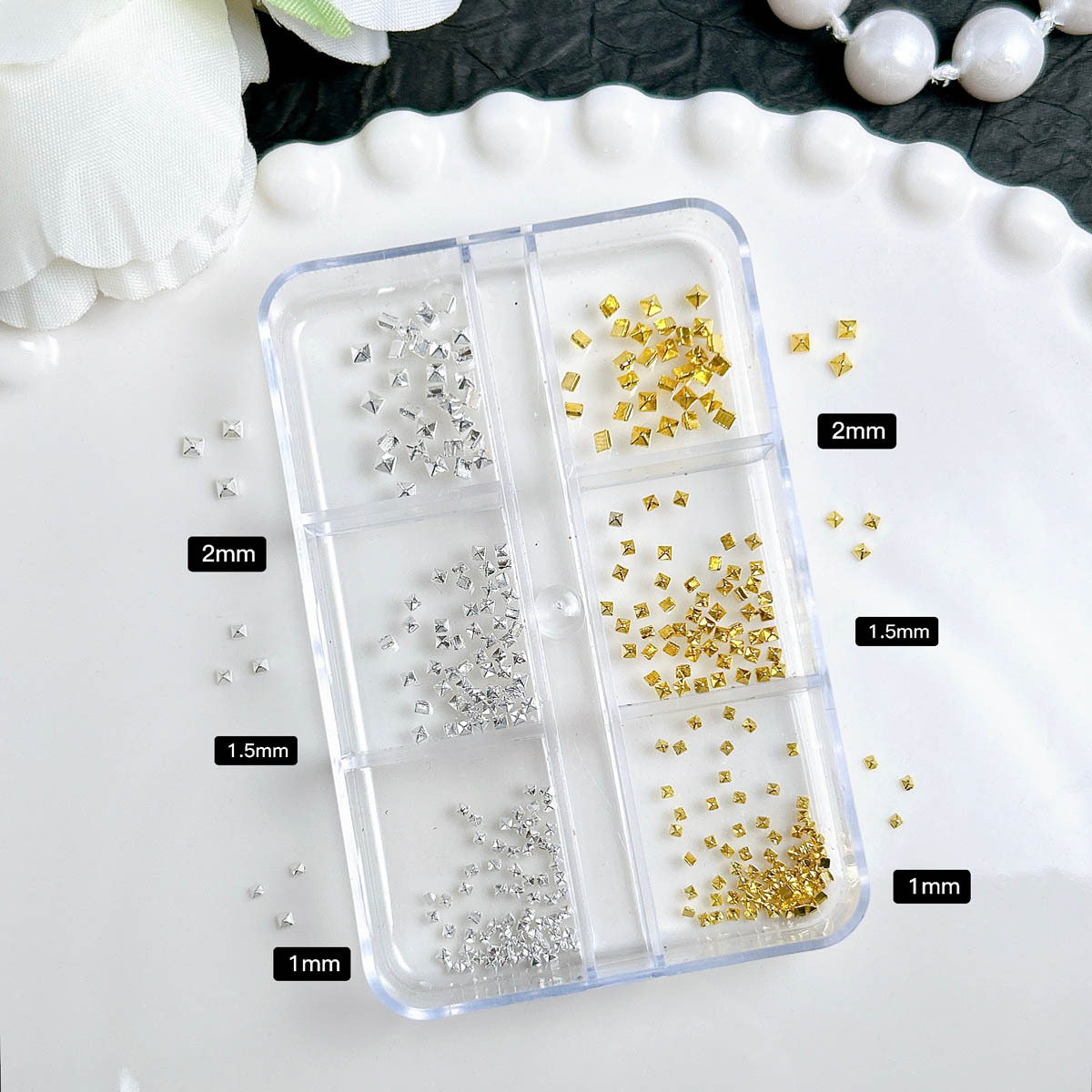 6 Grids Sweet Punk Nail Charms - Mini Square Pyramid Rivets (Gold and Silver)