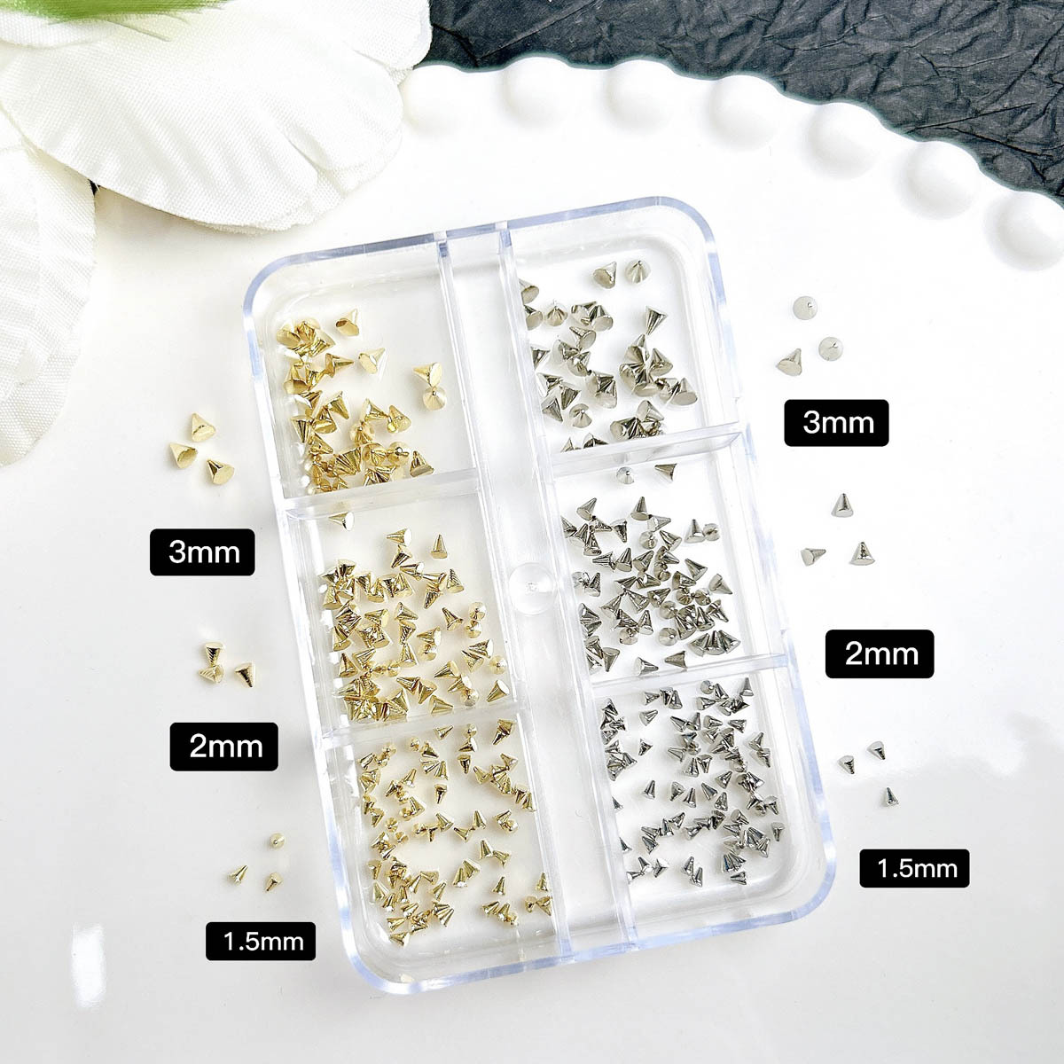 6 Grids Sweet Punk Nail Charms - Mini Cone Spike (Gold and Silver)