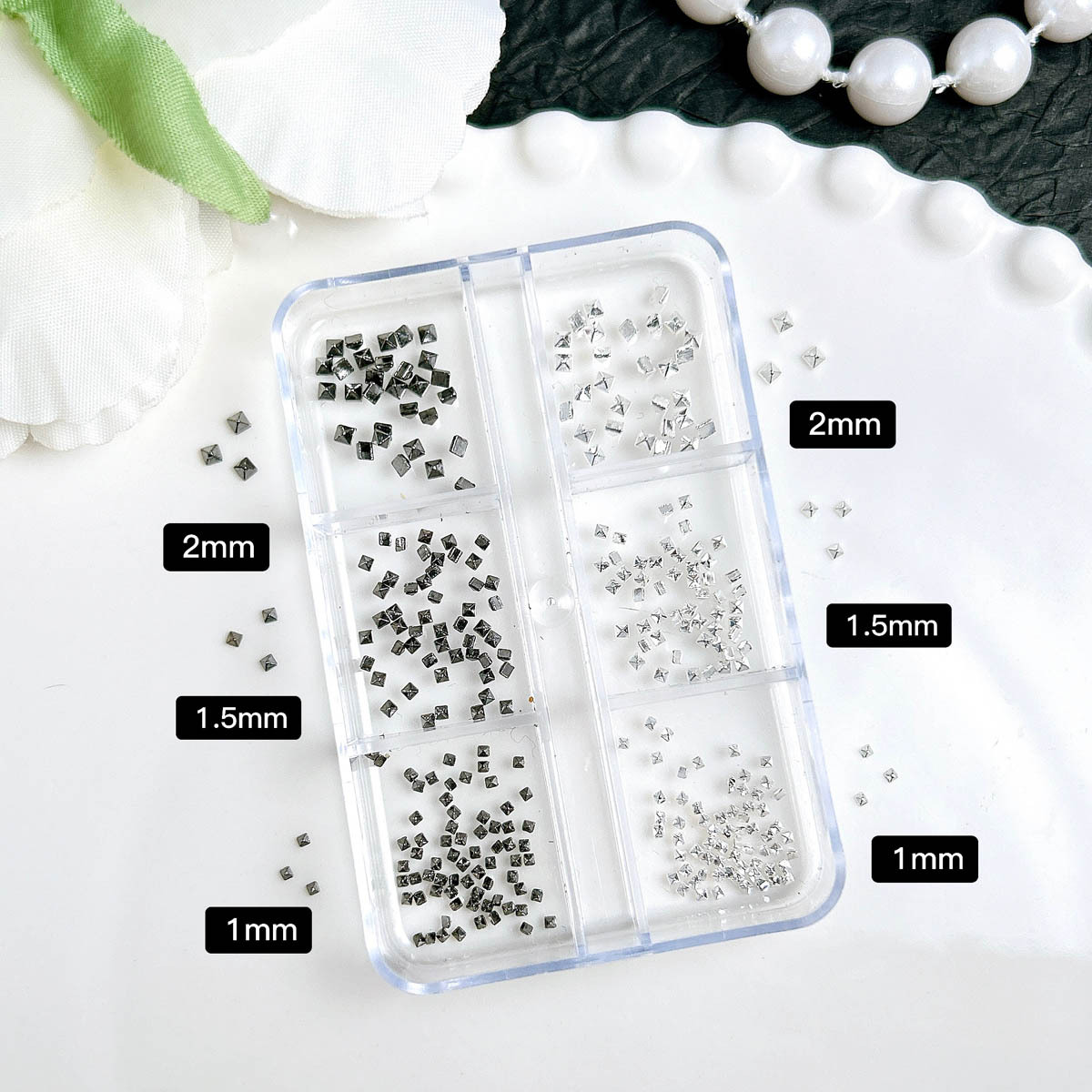 6 Grids Sweet Punk Nail Charms - Mini Square Pyramid Rivets (Black and Silver)