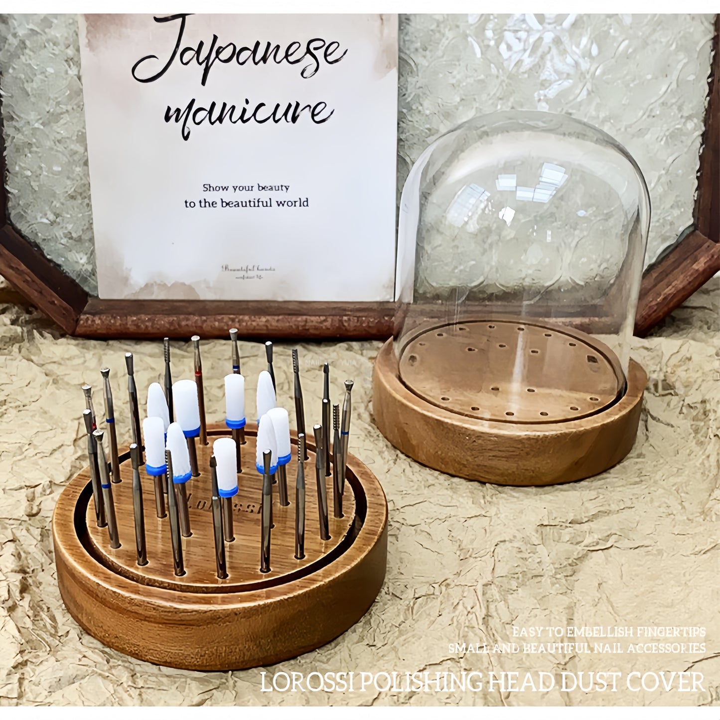 Rangement pour forets à ongles couleur noyer avec couvercle anti-poussière