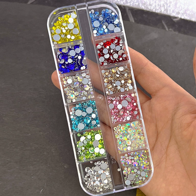 12 Grids Mixed Size Flat Bottom Rhinestone - Mixed Color