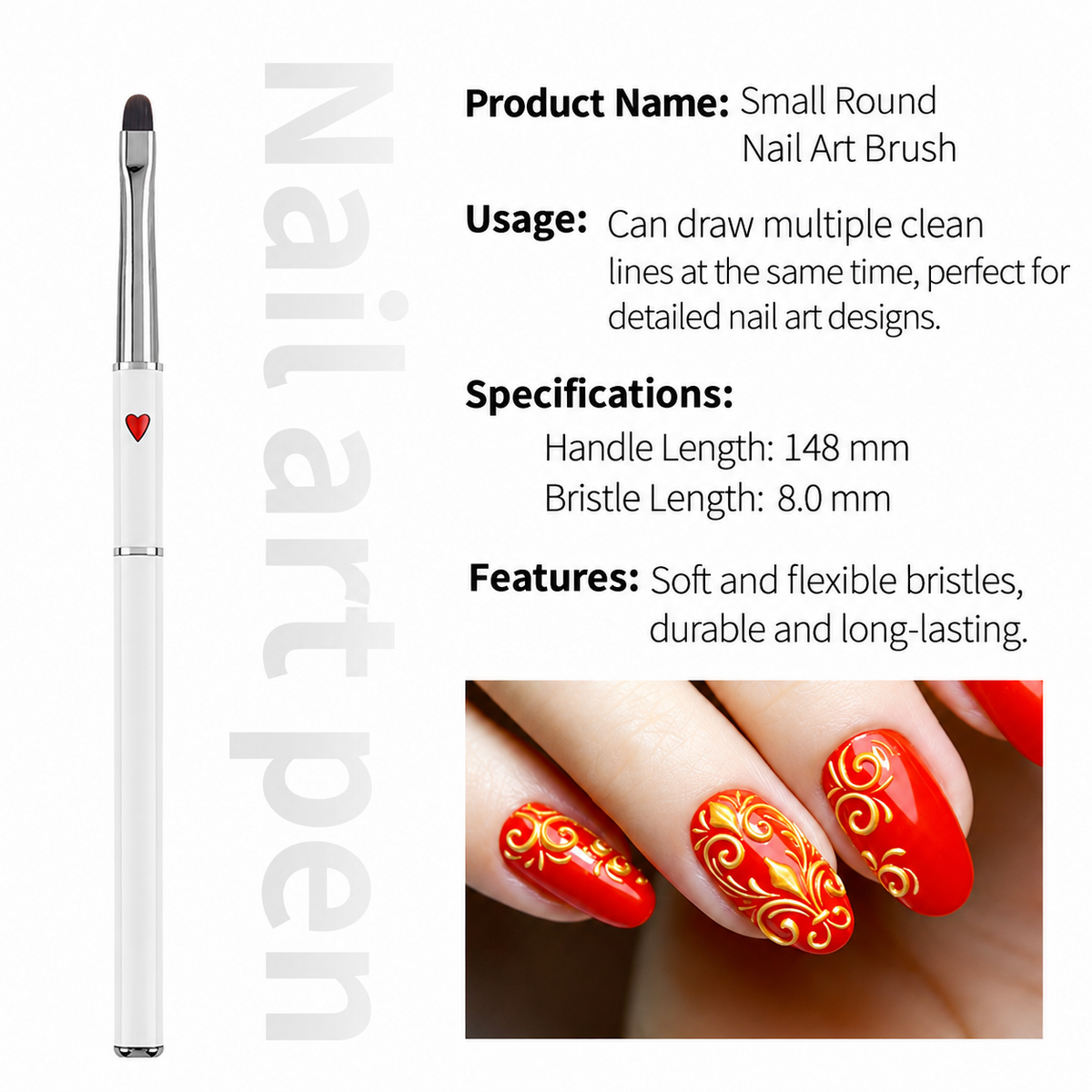 Red Heart Small Round Nail Art Brush – 8mm