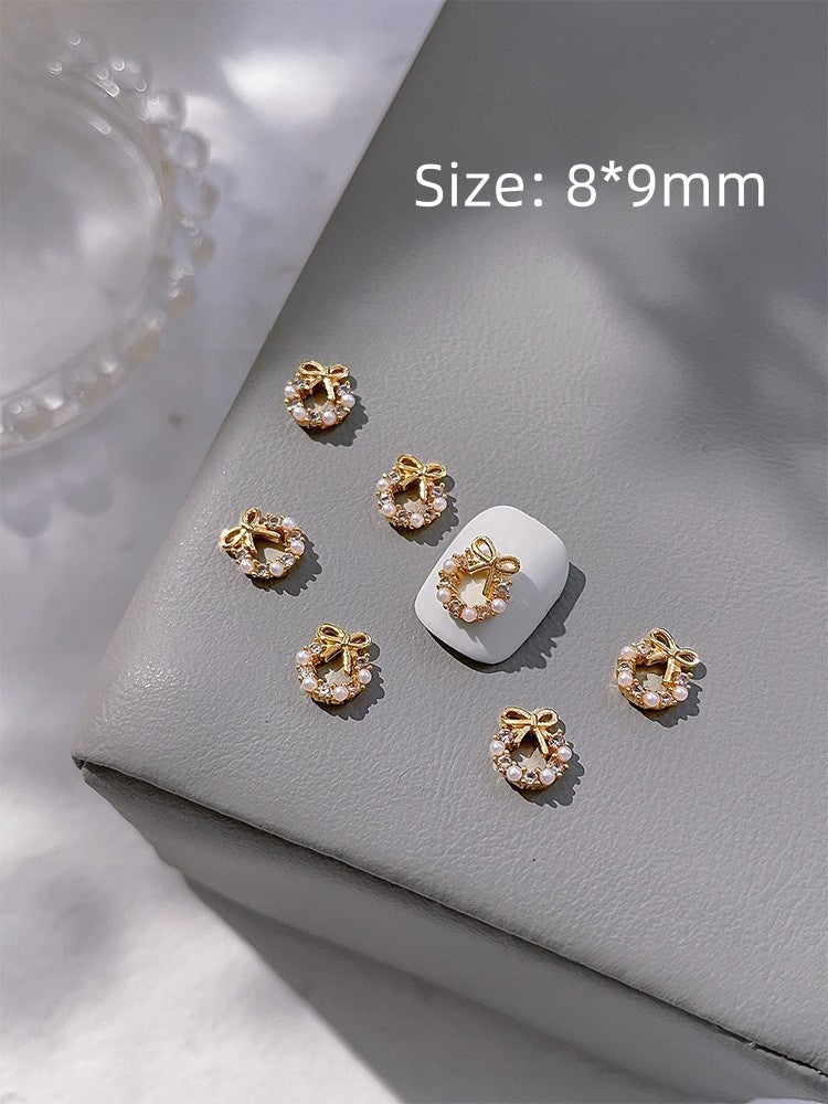 Gold Bow Christmas Wreath Zircon & Pearl Nail Charm 2pcs