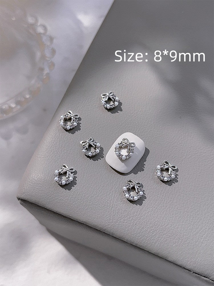 Silver Bow Christmas Wreath Zircon & Pearl Nail Charm 2pcs