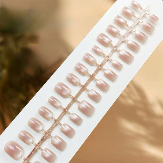 Press On Nail Tips - 1013 (Short Square Blush Glass Bead Cat Eye Soft Nude)