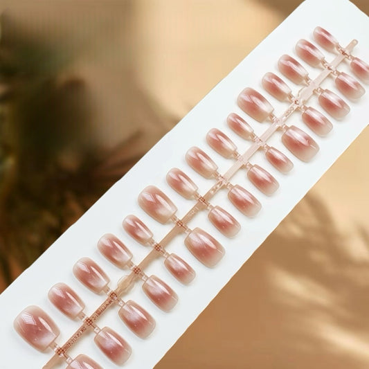 Press On Nail Tips - 1014 (Short Coffin Blush Glass Bead Cat Eye Rosy Nude)