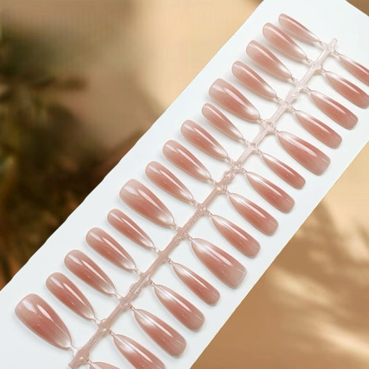 Press On Nail Tips - 1015 (Long Oval Blush Glass Bead Cat Eye Peach Nude)