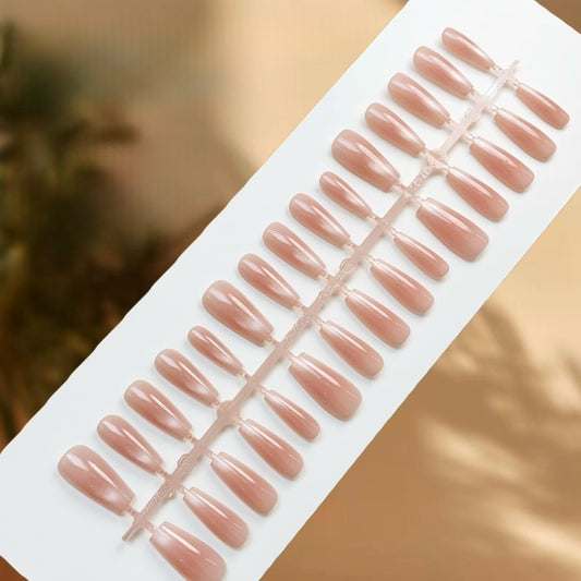 Press On Nail Tips - 1055 (Medium Coffin Blush Glass Bead Cat Eye Peach Nude)