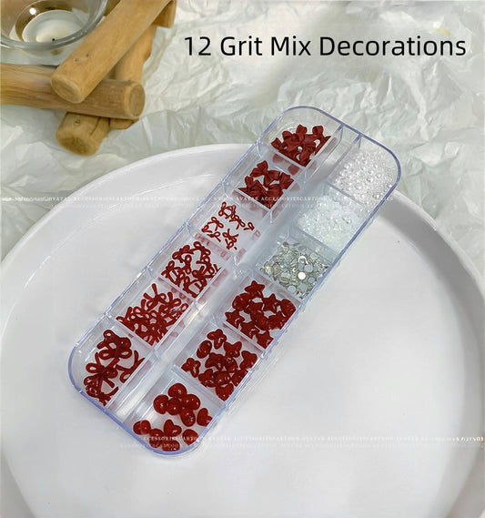12 Grids Mixed  Shape Nail Charms with Pearls and Rhinestones