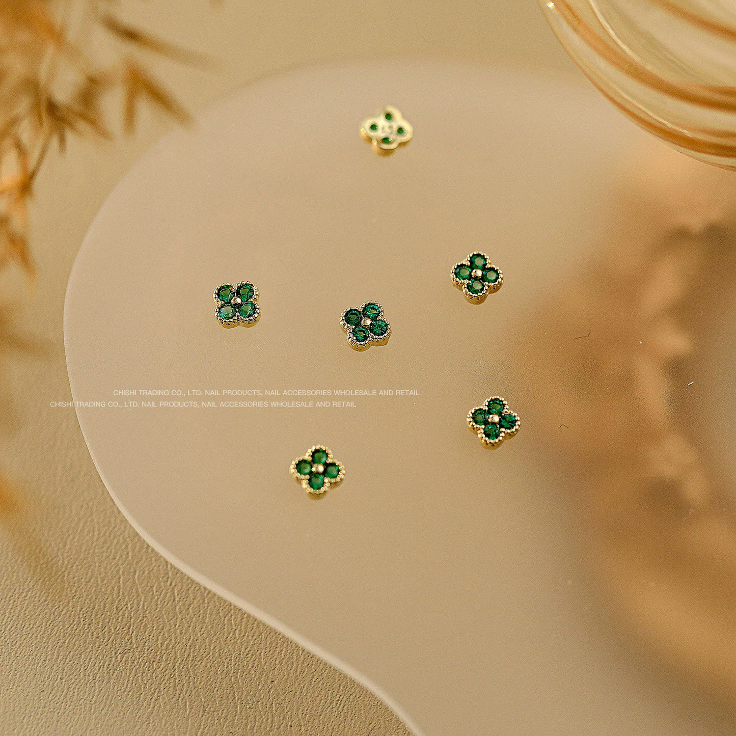 Small Peacock Green Four-Leaf Clover Nail Charms 2pcs
