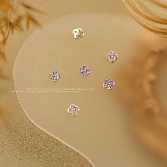 Small Pink & Silver Four-Leaf Clover Nail Charms 2pcs