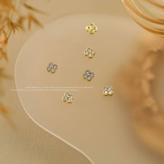 Small White & Gold Four-Leaf Clover Nail Charms 2pcs