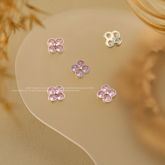Medium Pink & Silver Four-Leaf Clover Nail Charms 2pcs