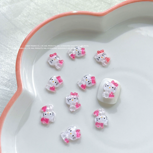 Fuchsia Full Body Kitty Nail Charms with Bow 9*12mm (5pcs)