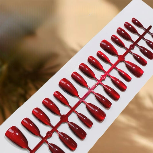 Press On Nail Tips - 265 (Short Oval Cat Eye Red)