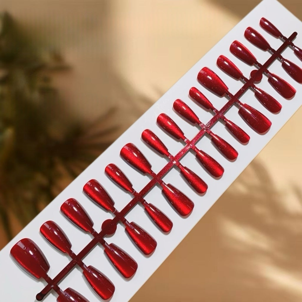 Press On Nail Tips - 313 (Short Coffin Red Cat Eye)