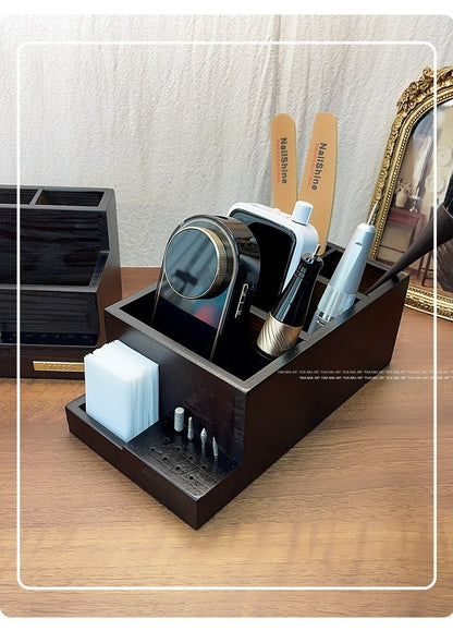 Double Layered Dark Wood Nail Drill Bits and Art Pen Storage