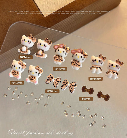 Leopard Kitty, Bow & Rhinestone Nail Art Charm Kit – Mixed Sizes