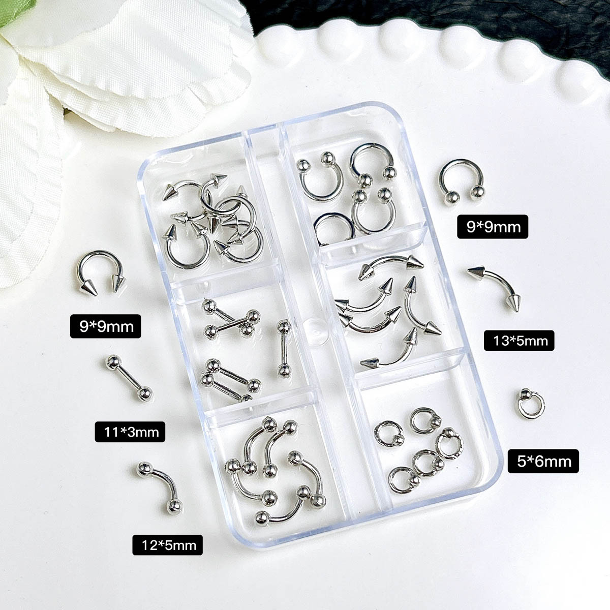 6 Grids Piercing Style Nail Charms Set - Silver