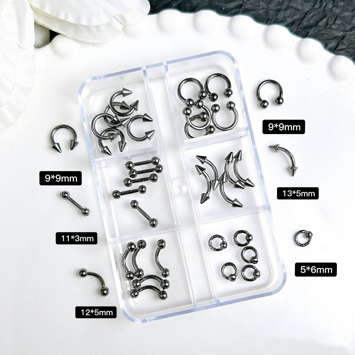 6 Grids Piercing Style Nail Charms Set - Black