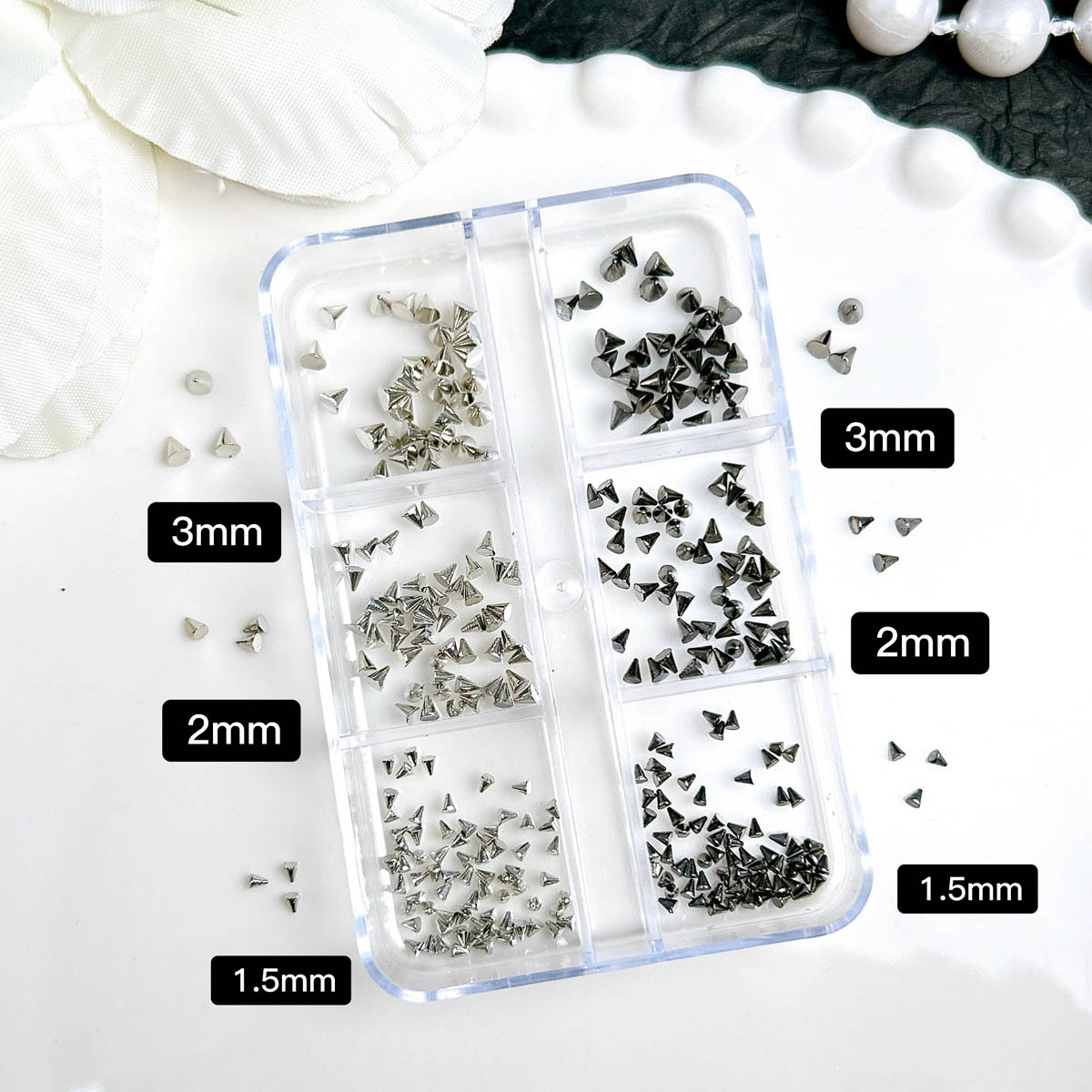 6 Grids Sweet Punk Nail Charms - Mini Cone Spike (Black and Silver)