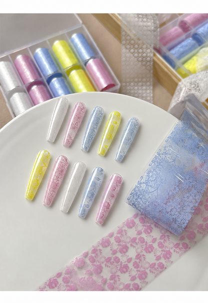 Macaron Lace Nail Art Transfer Foil – French Floral & Mesh Patterns