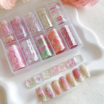 Spring Floral Nail Transfer Foil Set - 10 Rolls/Pack
