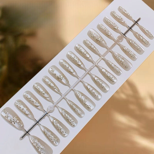 Press On Nail Tips - 512 (Long Almond Golden Leaves)
