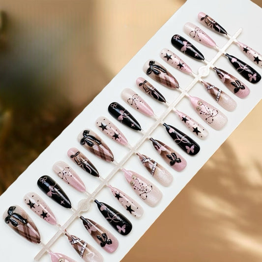 Press On Nail Tips - 715 (Long Almond Black & Pink Hot Girl Design)