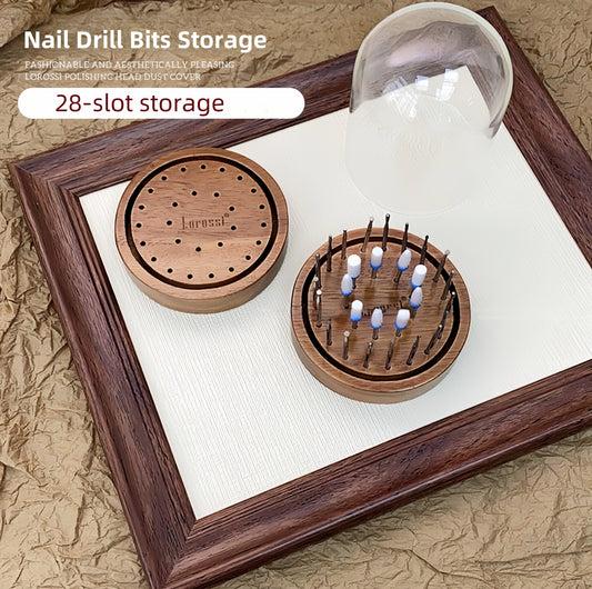 Walnut Color Nail Drill Bits Storage with Dust-proof Cover