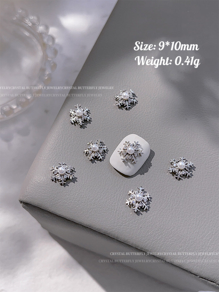 Silver Snowflake Nail Charm with Pearl 9*10mm (2pcs)