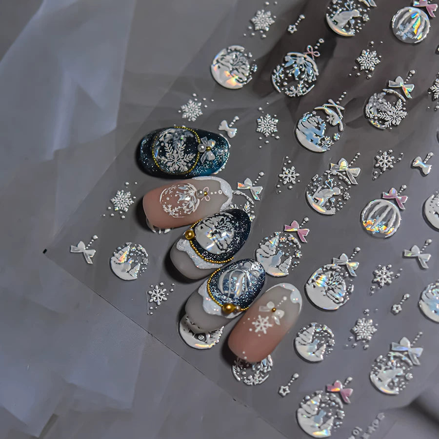 TOMONI Snowflake & Snow Globe Nail Art Stickers – Pearlescent Finish