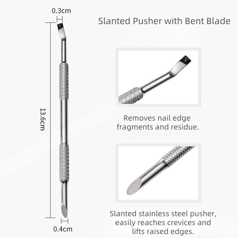 Double Ended Stainless Steel Cuticle Slanted Pusher with Bent Blade