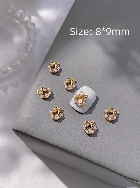 Gold Bow Christmas Wreath Zircon & Pearl Nail Charm 2pcs